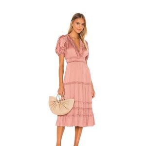 Ulla Johnson Revolve Ines Satin Pleated Copper V-neck A-line Midi Dress Size 4.